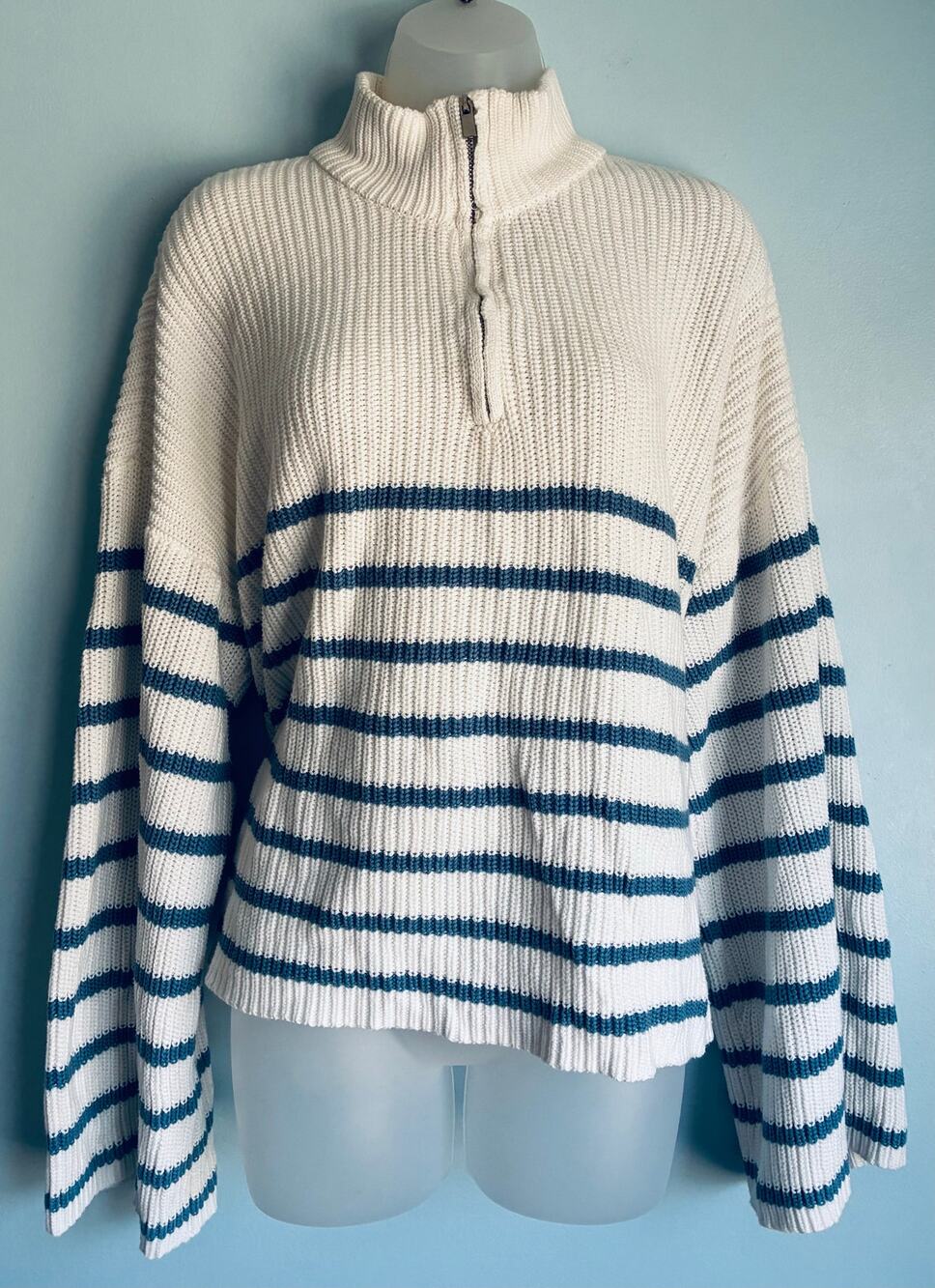 Edikted Sweater Oversized Quarter Zip Striped Bell Sleeve Knit Medium